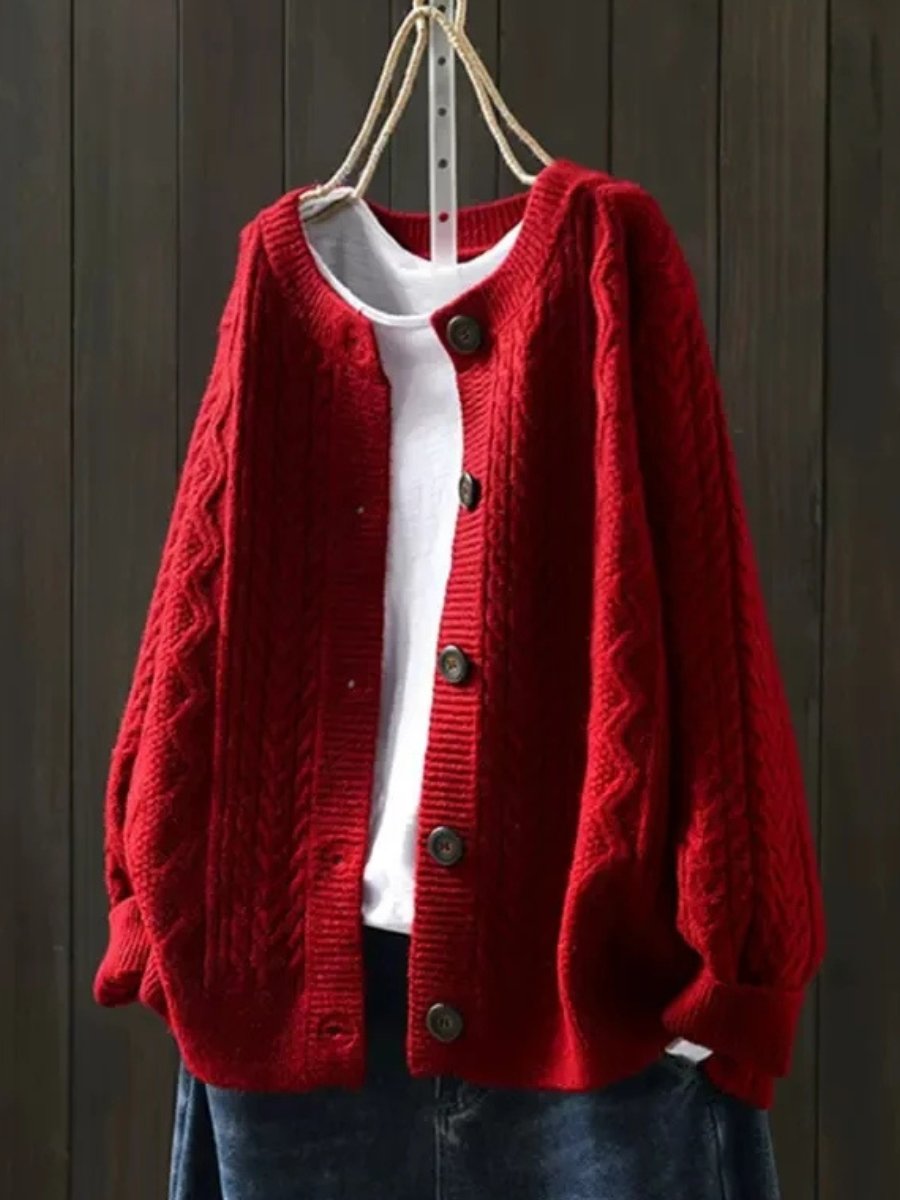 Damen Oversized Zopfmuster Cardigan mit Knopfleiste - Rot