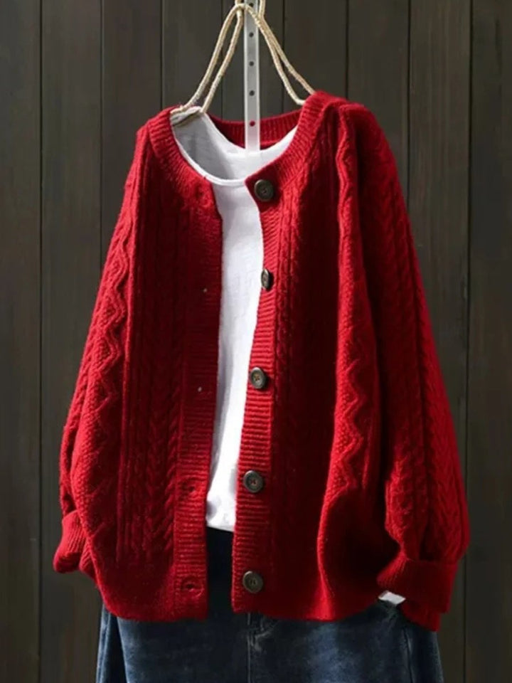 Damen Oversized Zopfmuster Cardigan mit Knopfleiste - Rot