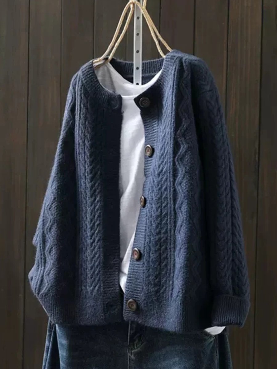 Damen Oversized Zopfmuster Cardigan mit Knopfleiste - Marineblau