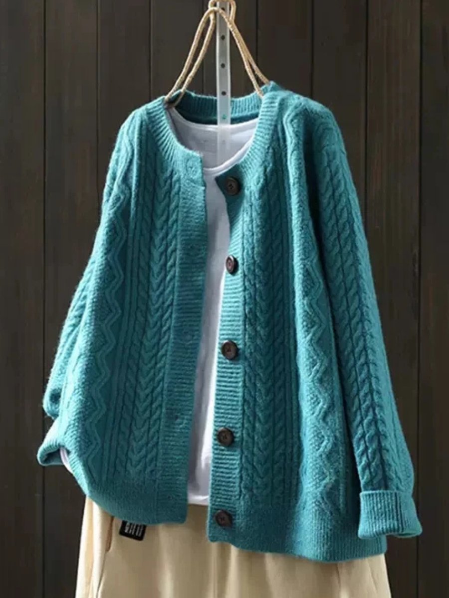 Damen Oversized Zopfmuster Cardigan mit Knopfleiste - Blau