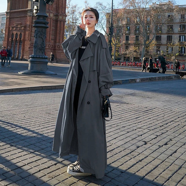 Damen Oversized Zweireihiger Langer Trench Coat