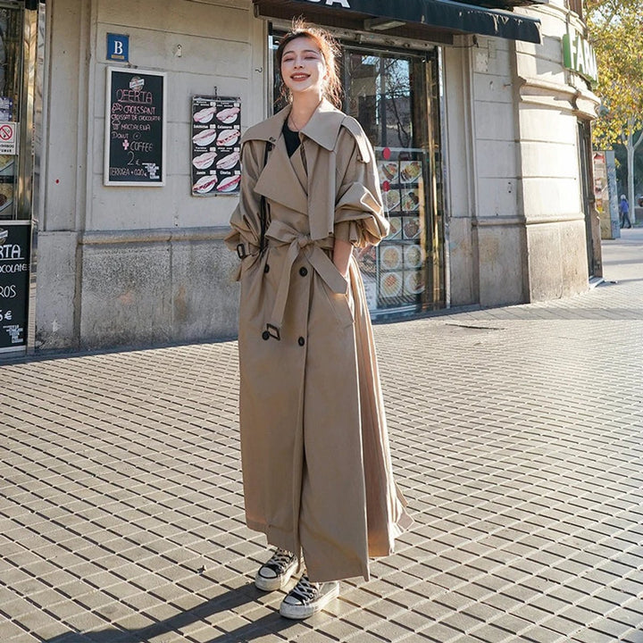 Damen Oversized Zweireihiger Langer Trench Coat