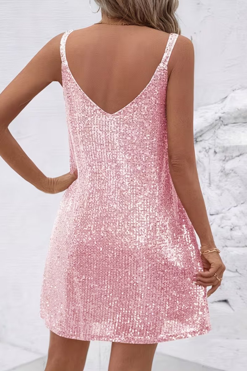 Damen Pailletten Abendkleid Ärmellos V-Ausschnitt Mini Cocktailkleid