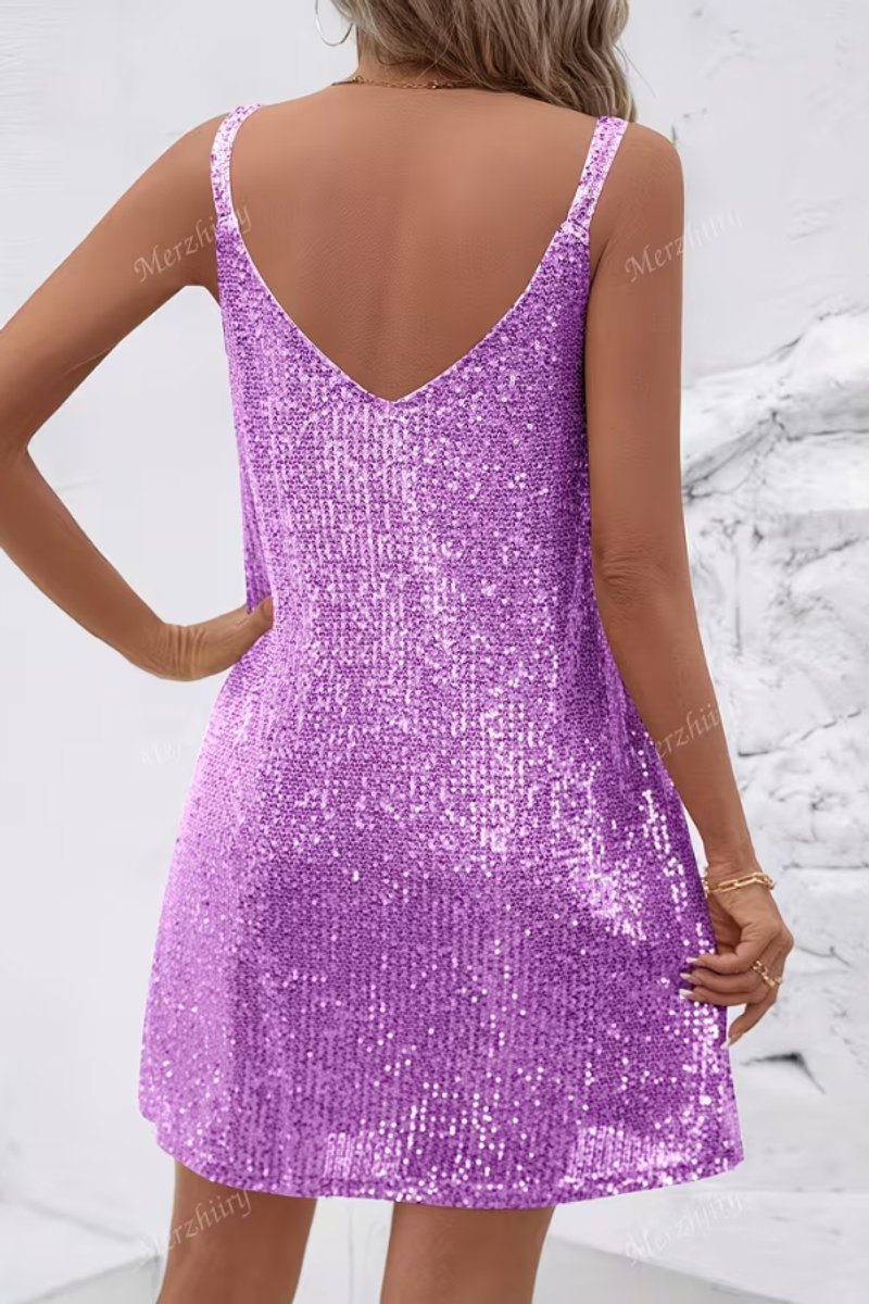 Damen Pailletten Abendkleid Ärmellos V-Ausschnitt Mini Cocktailkleid