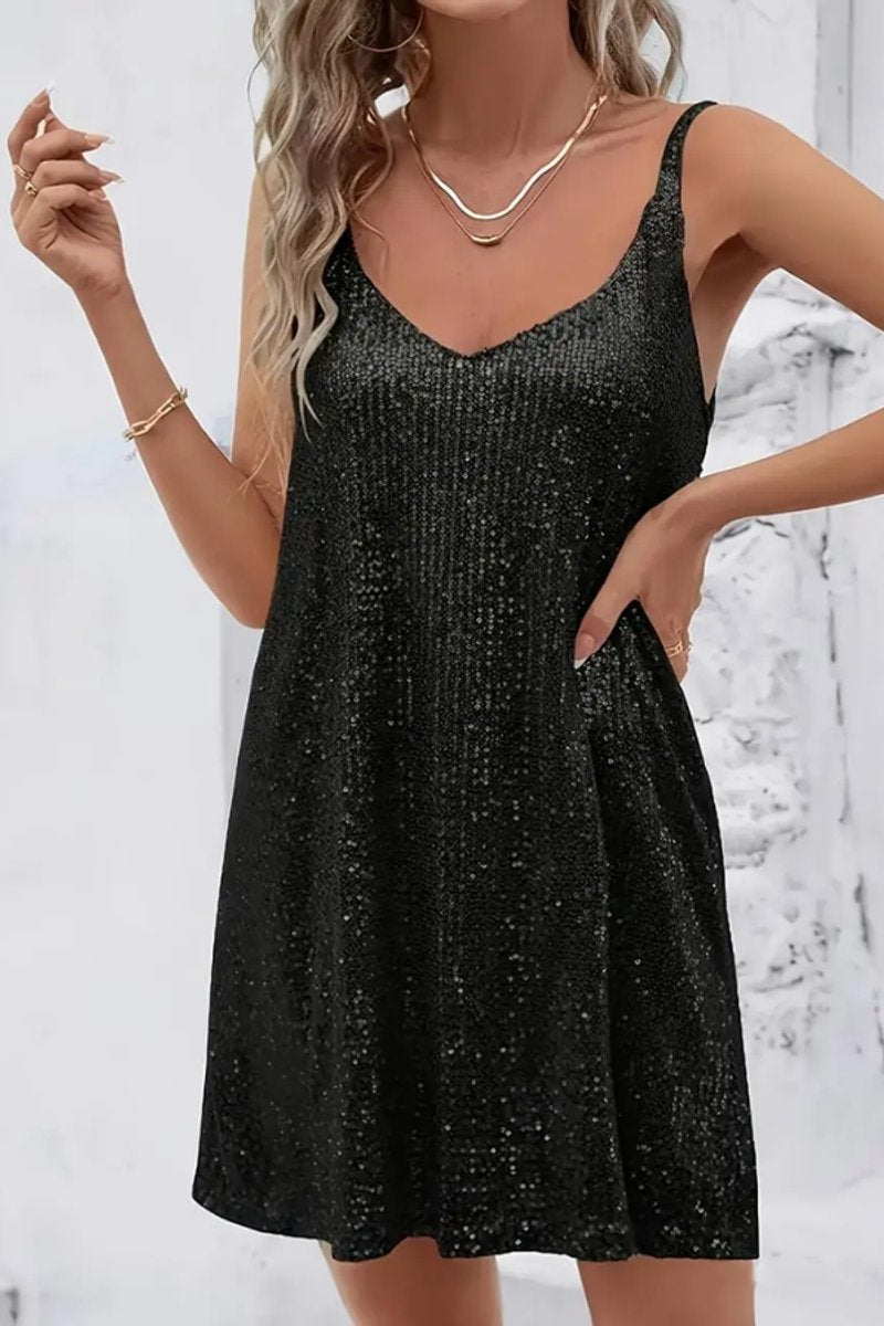 Damen Pailletten Abendkleid Ärmellos V-Ausschnitt Mini Cocktailkleid - Schwarz