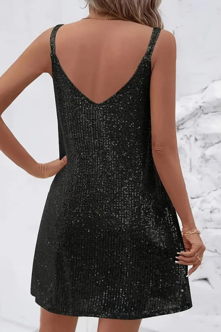 Damen Pailletten Abendkleid Ärmellos V-Ausschnitt Mini Cocktailkleid