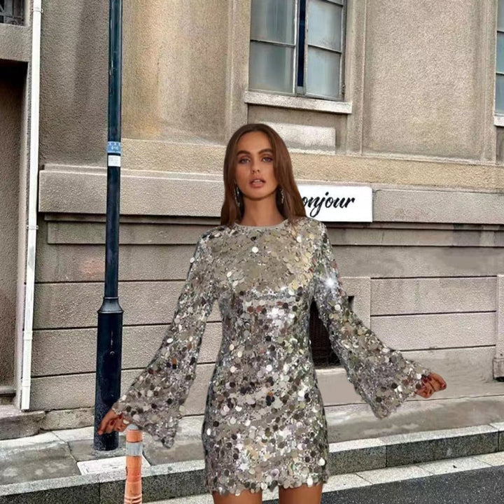 Damen Pailletten Cocktailkleid Ausgestellte Ärmel Minikleid