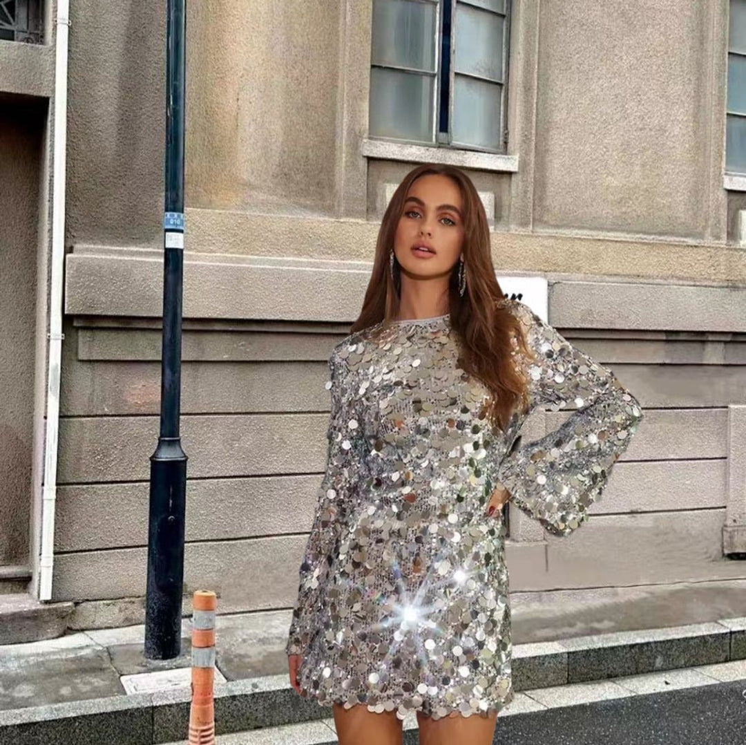 Damen Pailletten Cocktailkleid Ausgestellte Ärmel Minikleid