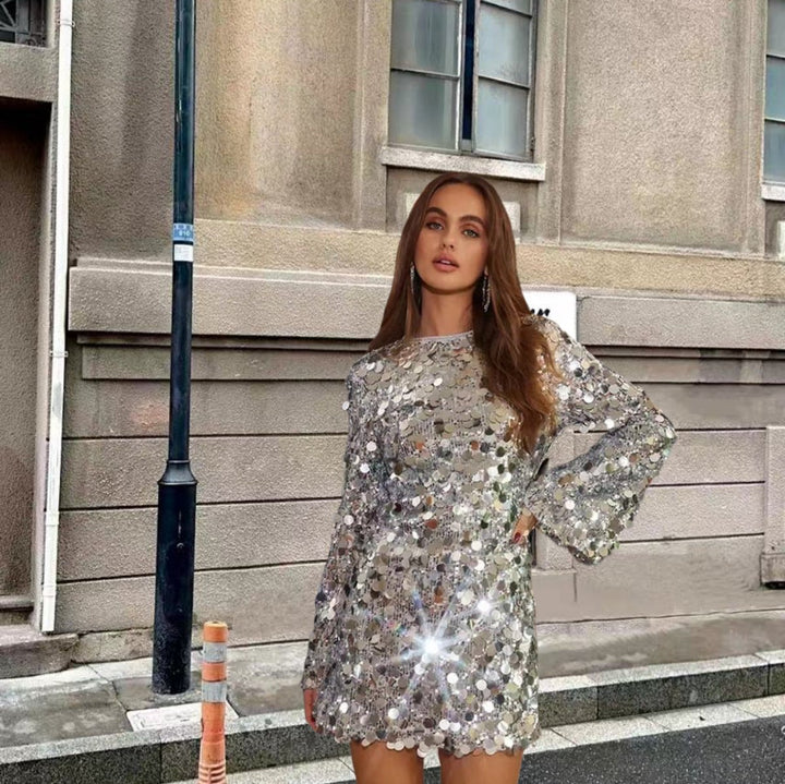 Damen Pailletten Cocktailkleid Ausgestellte Ärmel Minikleid