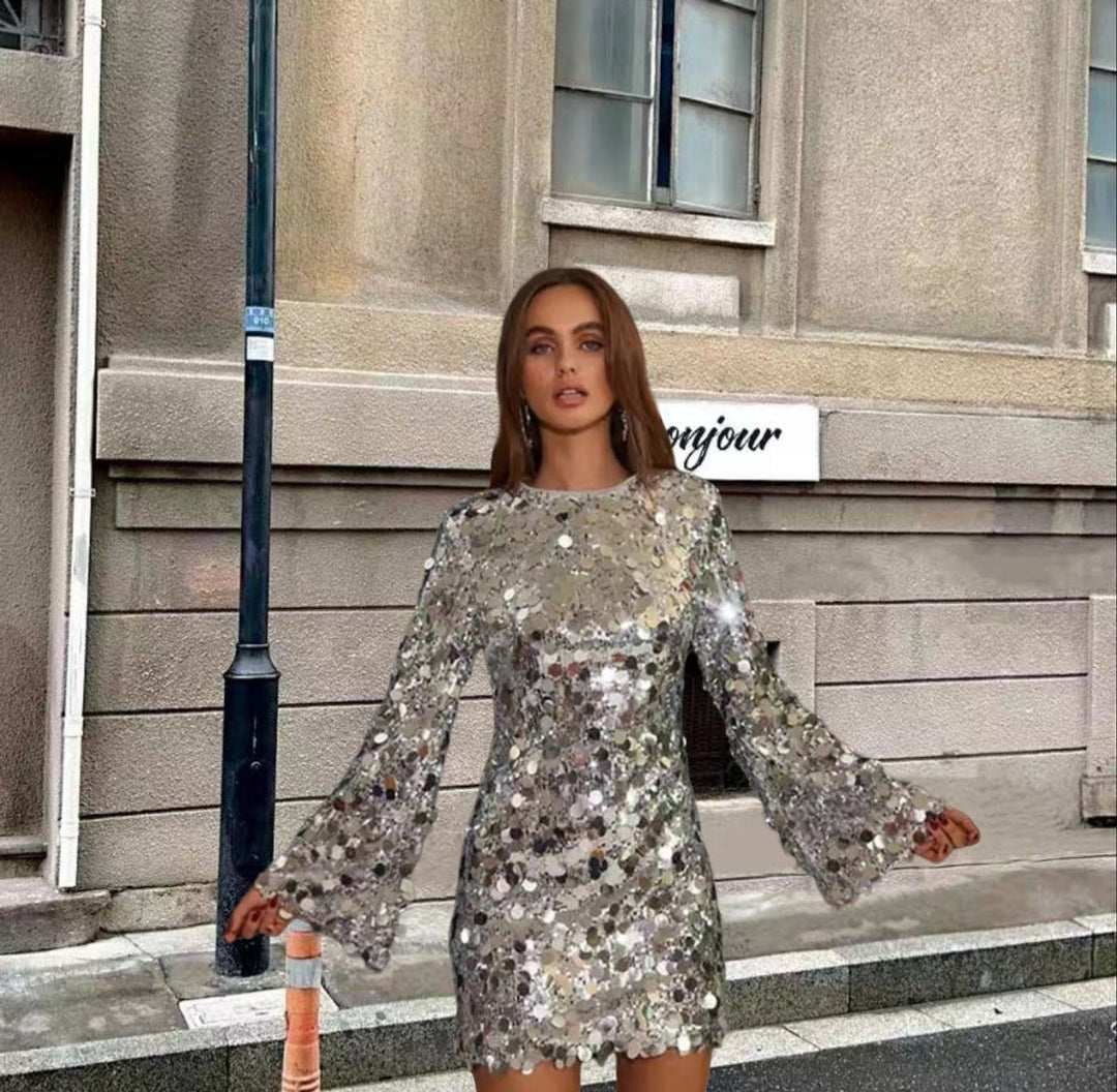 Damen Pailletten Cocktailkleid Ausgestellte Ärmel Minikleid - Silber