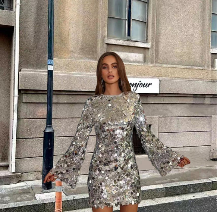 Damen Pailletten Cocktailkleid Ausgestellte Ärmel Minikleid - Silber