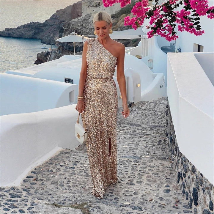 Damen Pailletten Cocktailkleid mit Asymmetrischem Träger und Seitenschlitz
