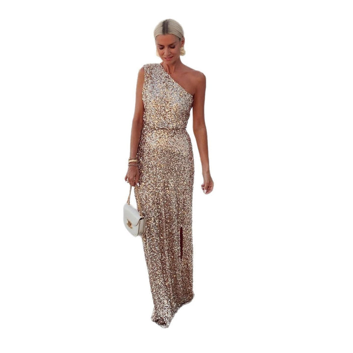Damen Pailletten Cocktailkleid mit Asymmetrischem Träger und Seitenschlitz