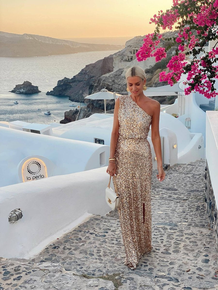 Damen Pailletten Cocktailkleid mit Asymmetrischem Träger und Seitenschlitz - Champagner