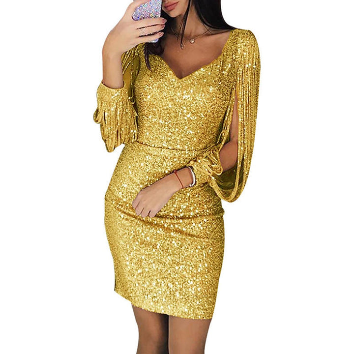 Damen Pailletten Cocktailkleid mit Fransen-Ärmeln V-Ausschnitt - Goldgelb