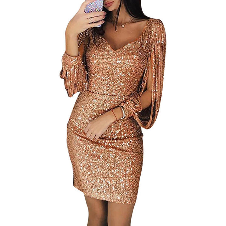 Damen Pailletten Cocktailkleid mit Fransen-Ärmeln V-Ausschnitt