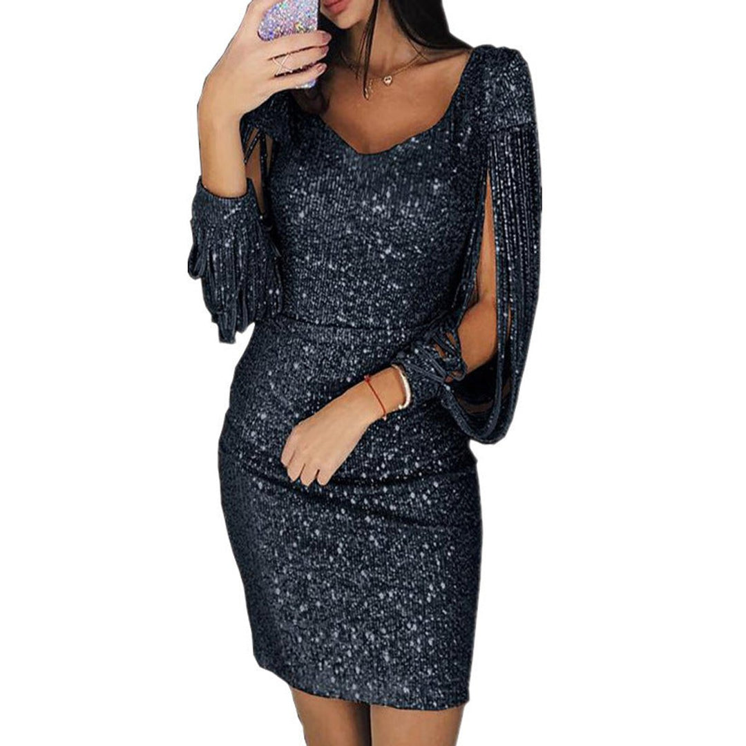 Damen Pailletten Cocktailkleid mit Fransen-Ärmeln V-Ausschnitt