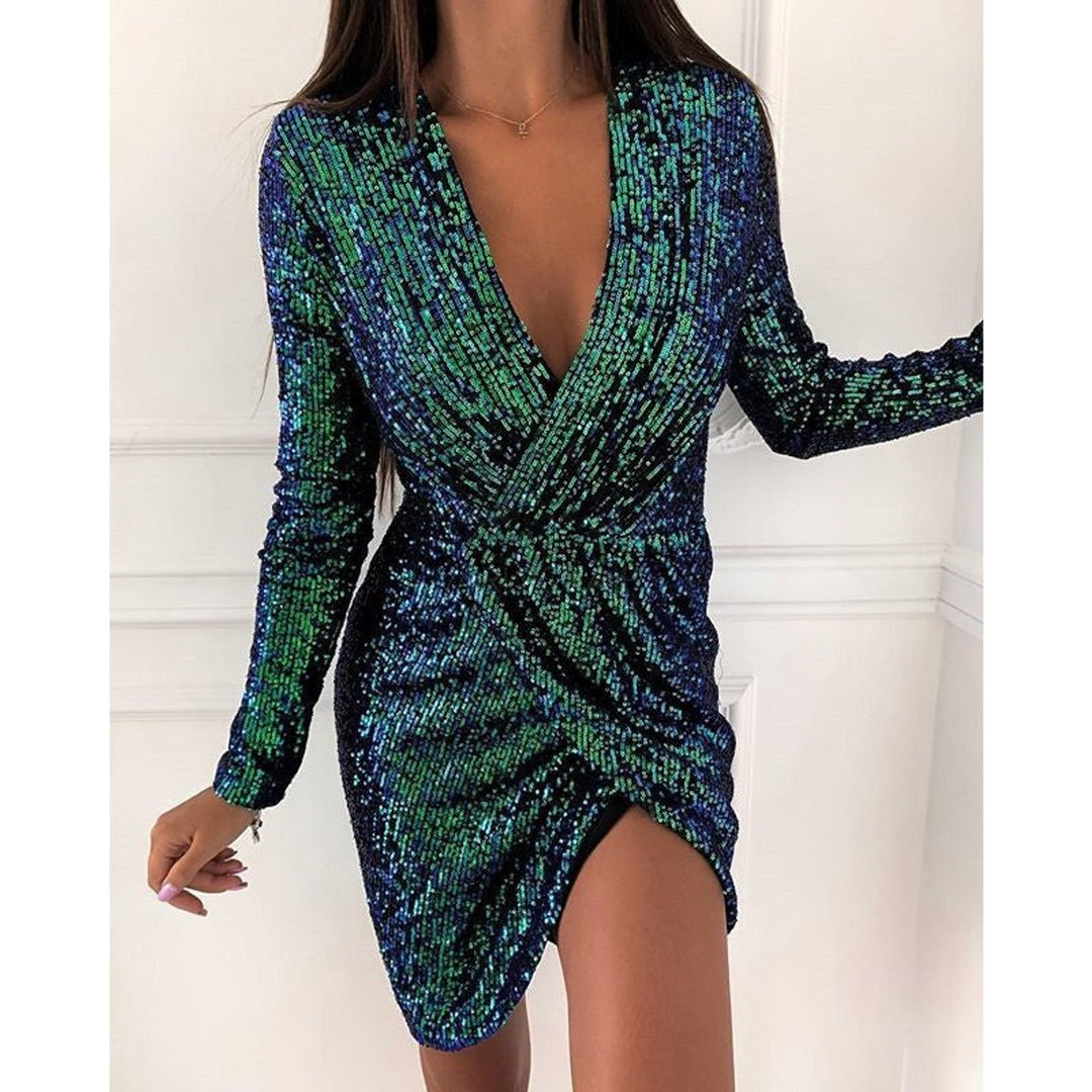 Damen Pailletten Cocktailkleid V-Ausschnitt Langarm enganliegend - Grün