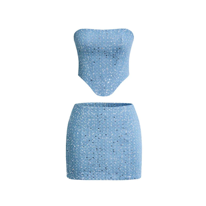 Damen Pailletten Denim Two-Piece Set Trägerloses Top Rock