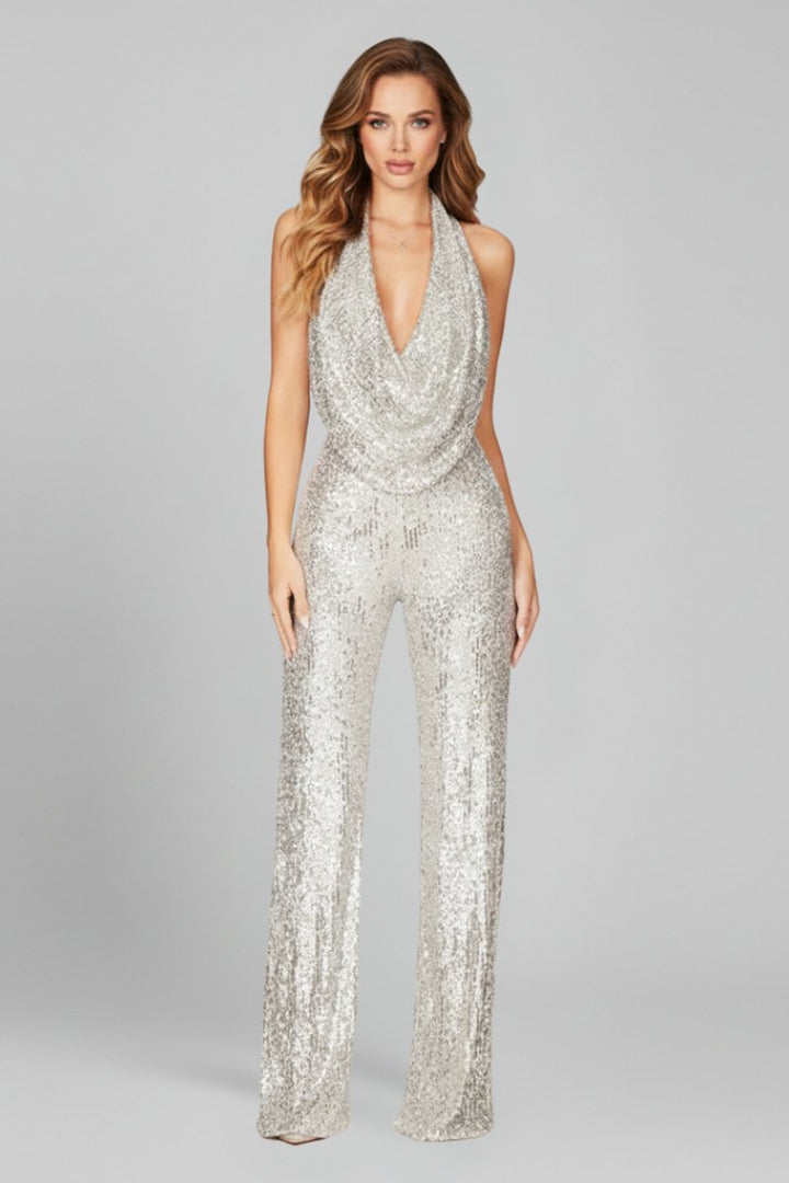 Damen Pailletten Jumpsuit Weites Bein Neckholder Wasserfall-Ausschnitt - Silber
