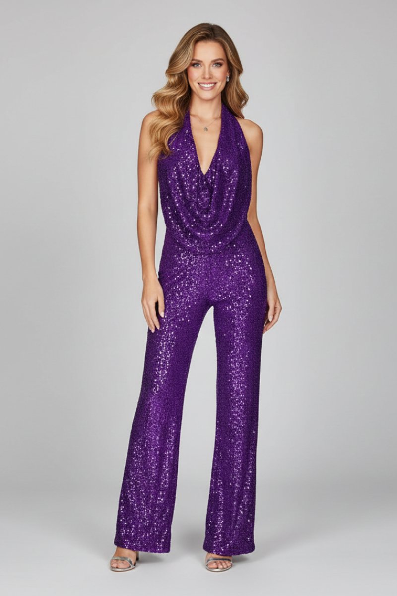 Damen Pailletten Jumpsuit Weites Bein Neckholder Wasserfall-Ausschnitt - Lila