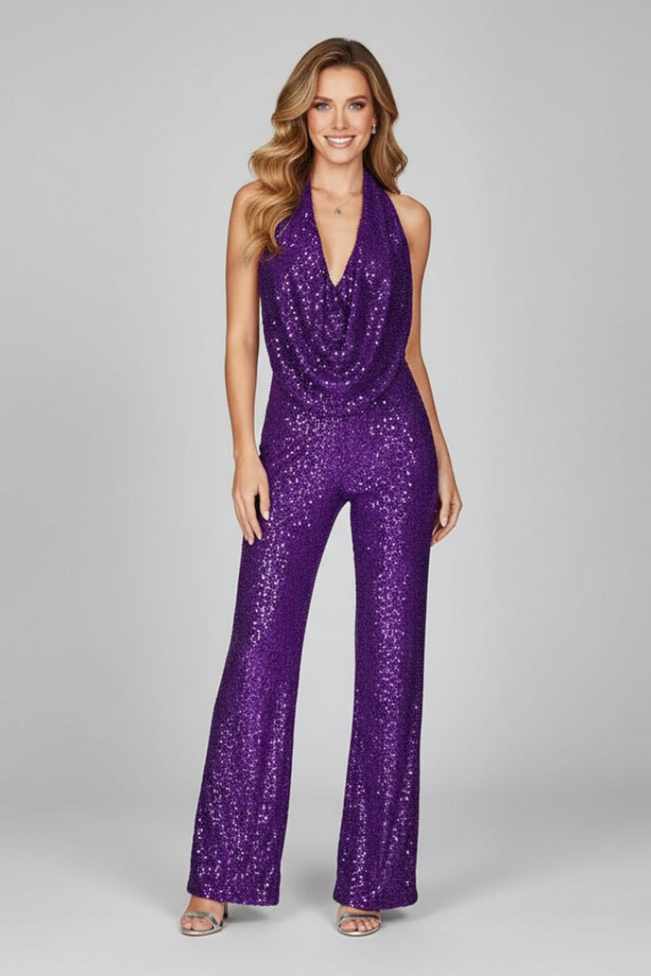 Damen Pailletten Jumpsuit Weites Bein Neckholder Wasserfall-Ausschnitt - Lila
