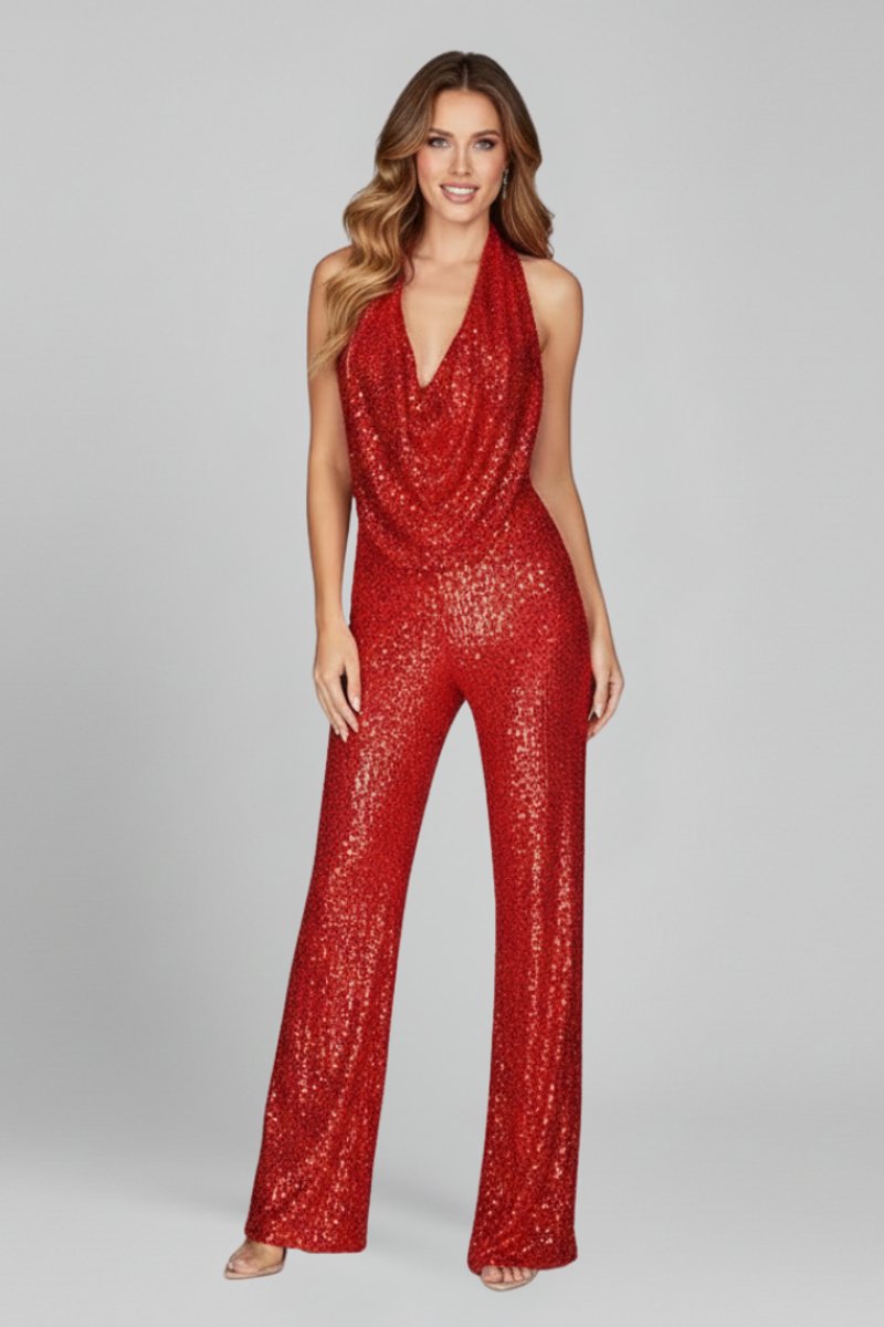 Damen Pailletten Jumpsuit Weites Bein Neckholder Wasserfall-Ausschnitt - Rot