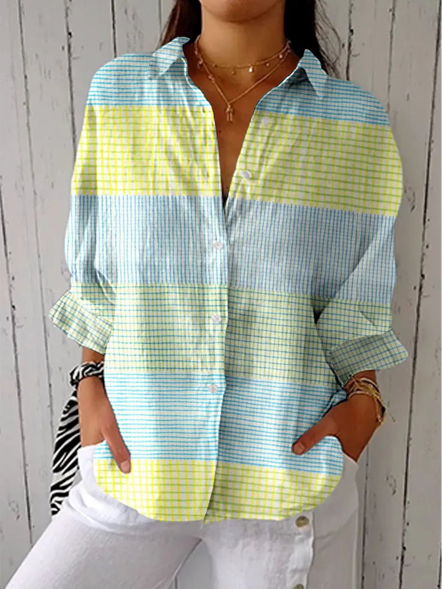 Damen Pastellkarierte Langarm-Bluse mit Knopfleiste Relaxed-Fit - Mehrfarbig