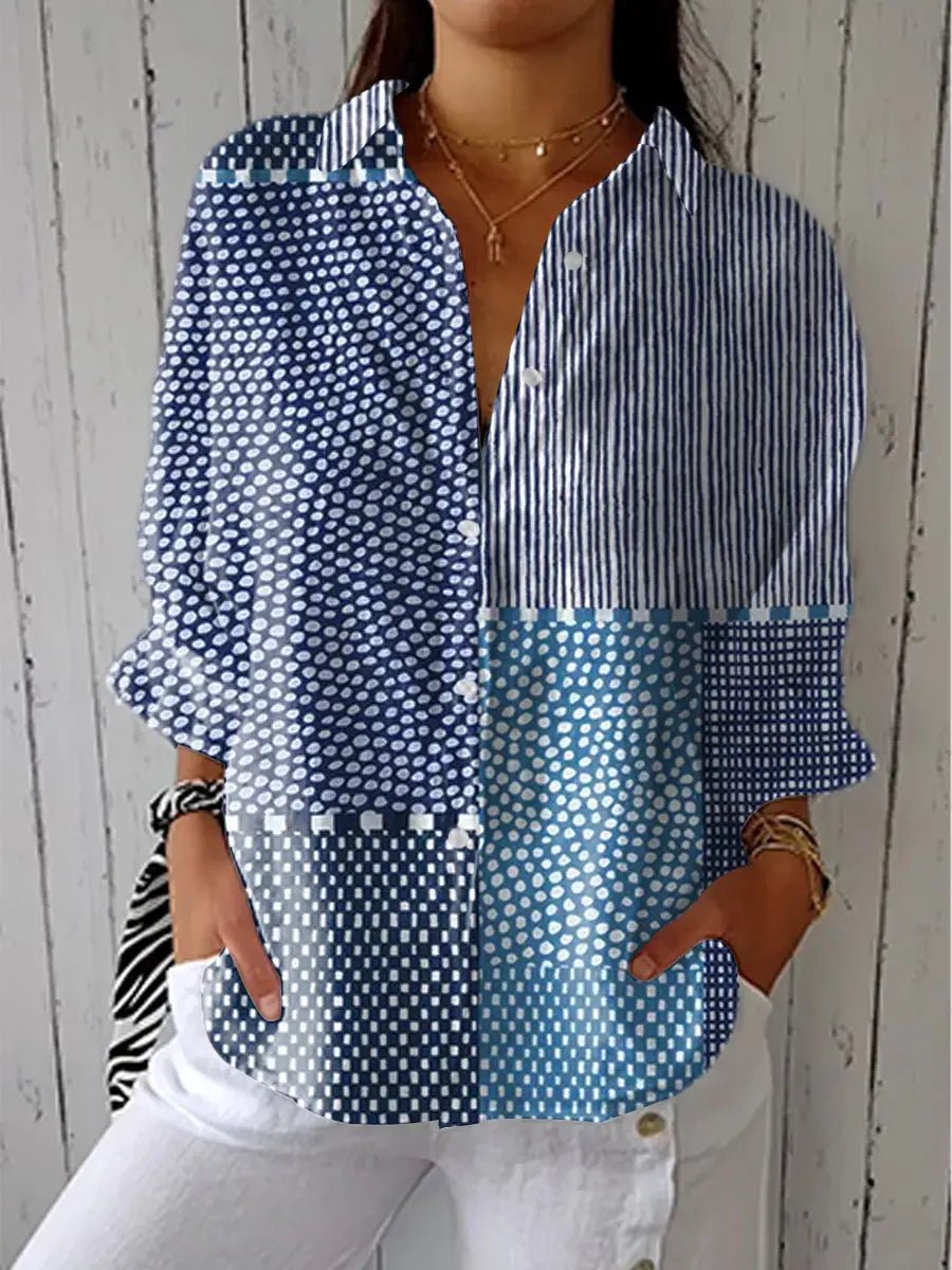 Damen Patchwork-Bluse Langarm V-Ausschnitt Knopfleiste - Multicolor