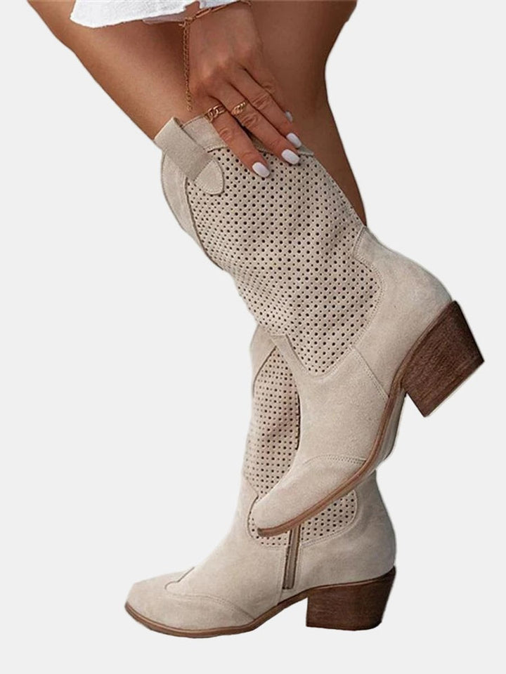 Damen Perforierte Kniehohe Stiefel Westernstil Blockabsatz - Beige