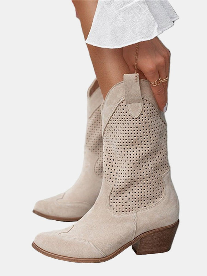 Damen Perforierte Kniehohe Stiefel Westernstil Blockabsatz