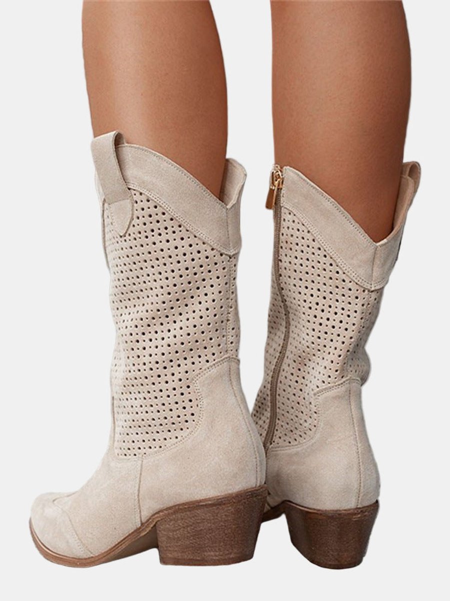 Damen Perforierte Kniehohe Stiefel Westernstil Blockabsatz