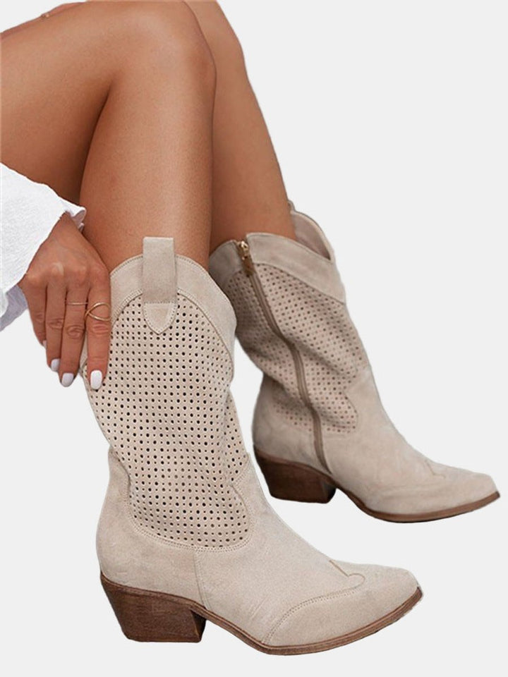 Damen Perforierte Kniehohe Stiefel Westernstil Blockabsatz