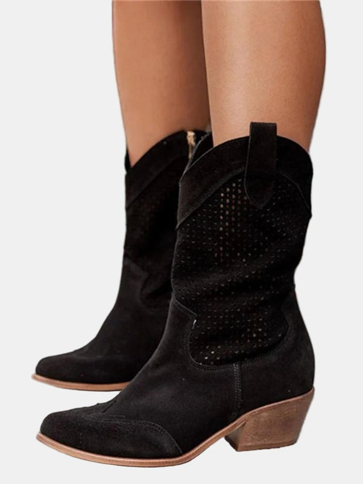 Damen Perforierte Kniehohe Stiefel Westernstil Blockabsatz - Schwarz