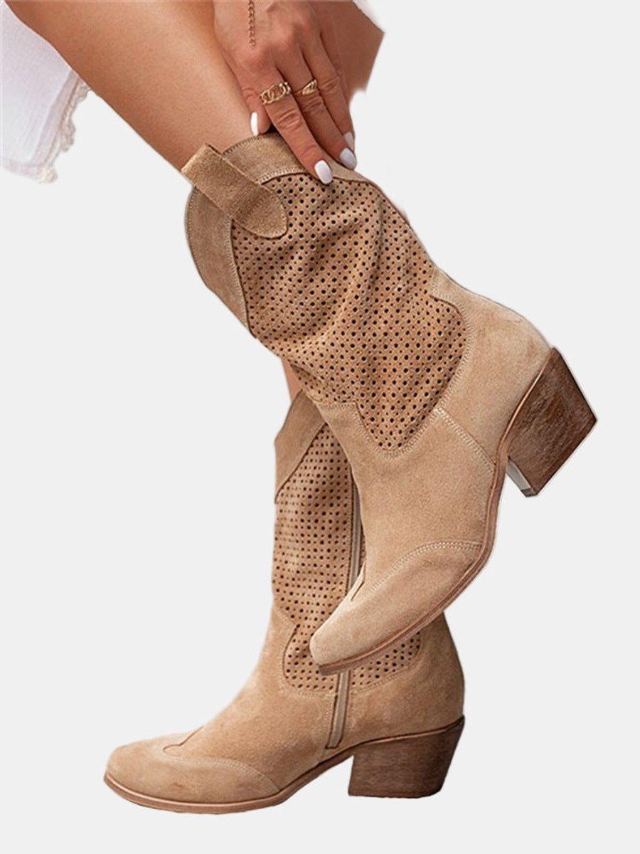 Damen Perforierte Kniehohe Stiefel Westernstil Blockabsatz