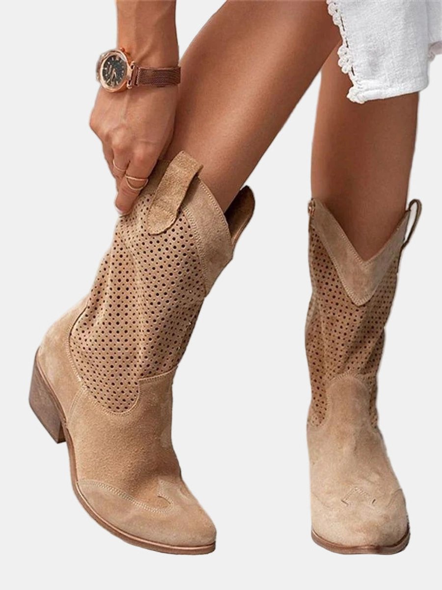 Damen Perforierte Kniehohe Stiefel Westernstil Blockabsatz - Braun