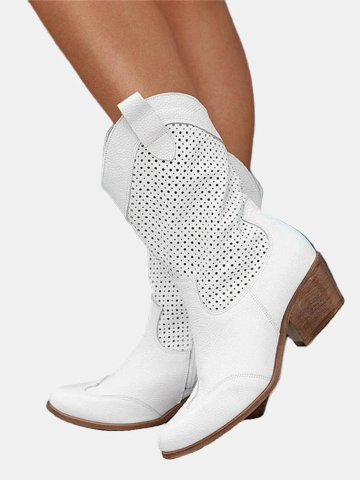 Damen Perforierte Kniehohe Stiefel Westernstil Blockabsatz - Weiß