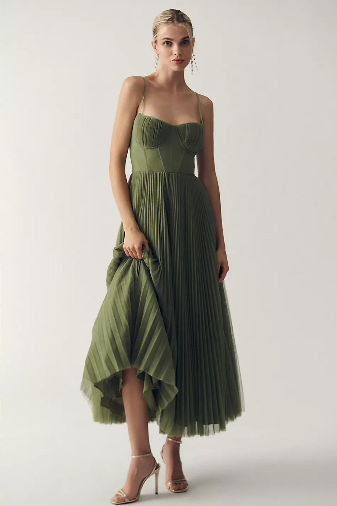 Damen Plissee Midi-Kleid mit Korsett-Oberteil und Träger - Green