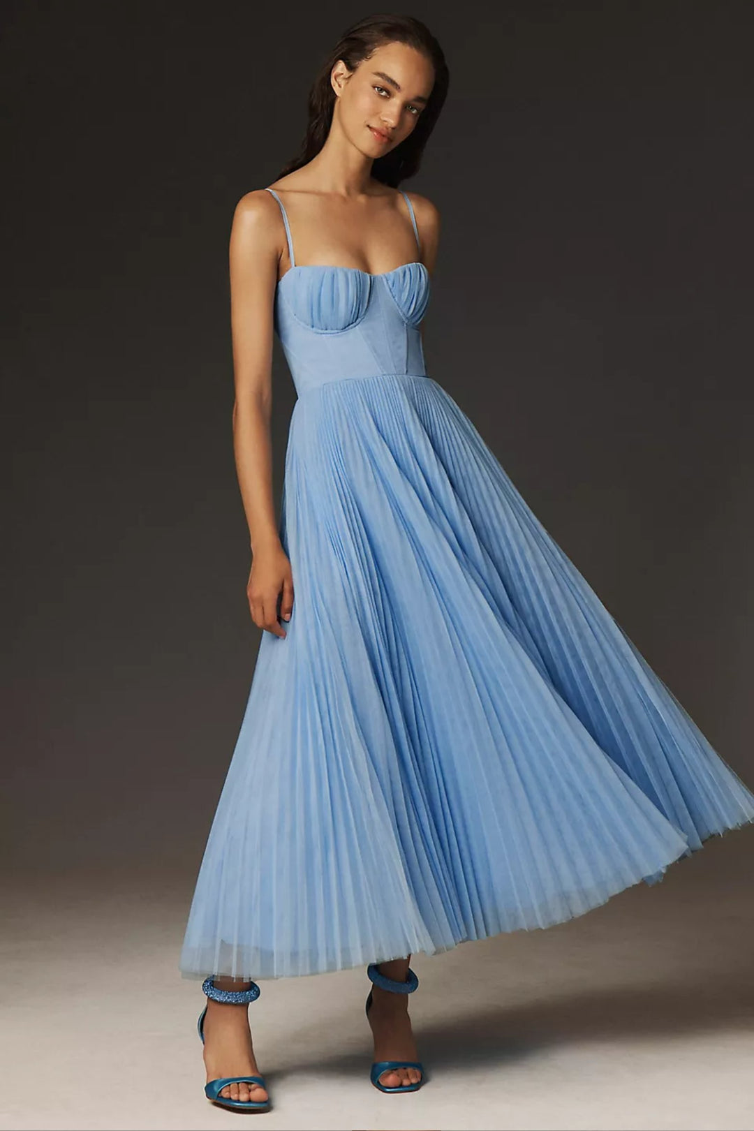Damen Plissee Midi-Kleid mit Korsett-Oberteil und Träger - Blue