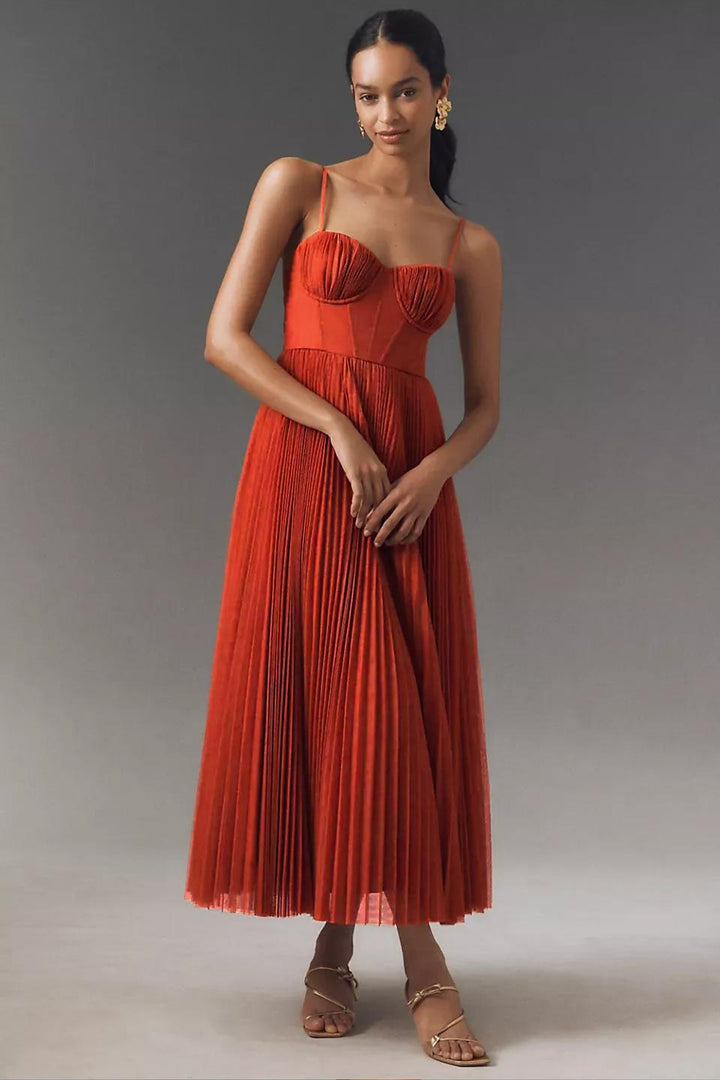 Damen Plissee Midi-Kleid mit Korsett-Oberteil und Träger - Orange