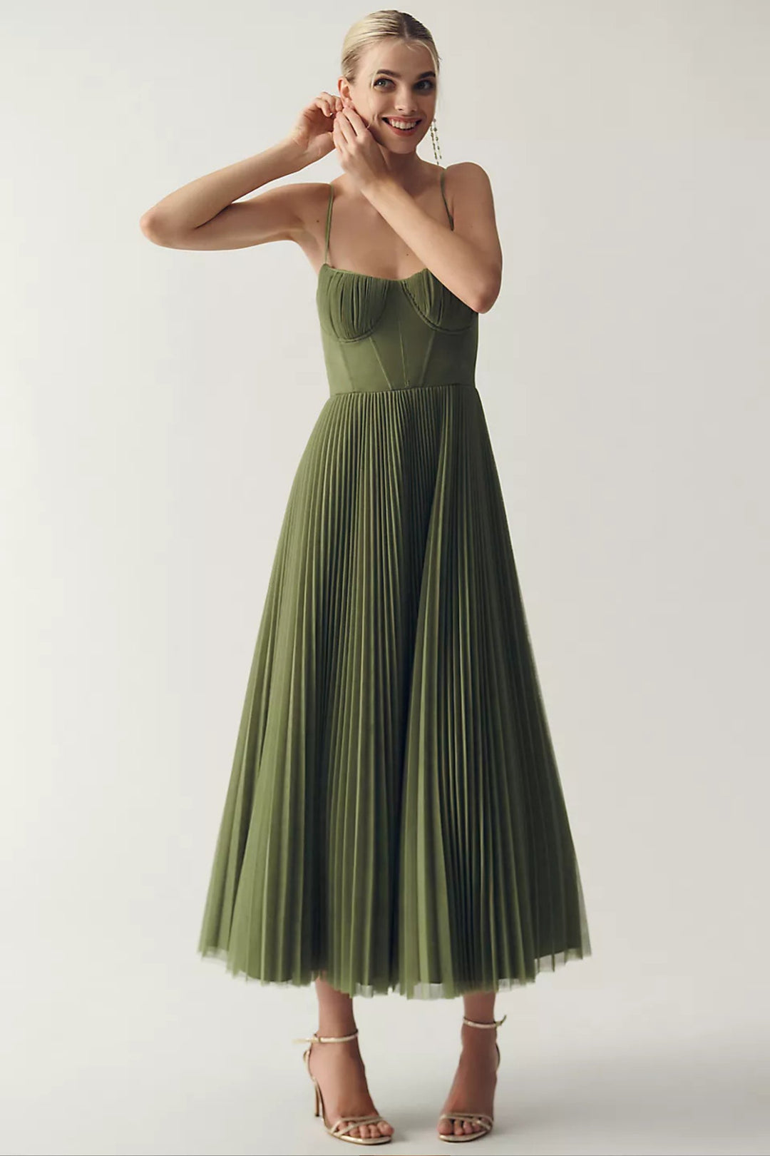 Damen Plissee Midi-Kleid mit Korsett-Oberteil und Träger