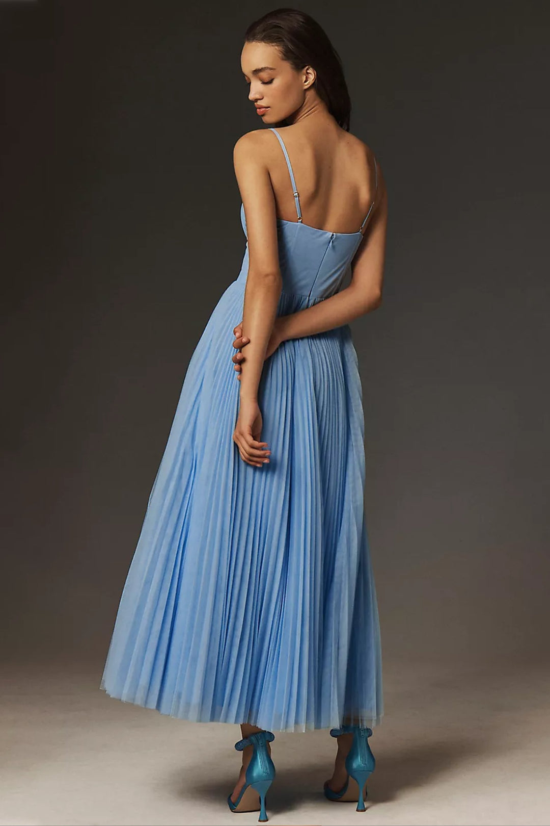 Damen Plissee Midi-Kleid mit Korsett-Oberteil und Träger