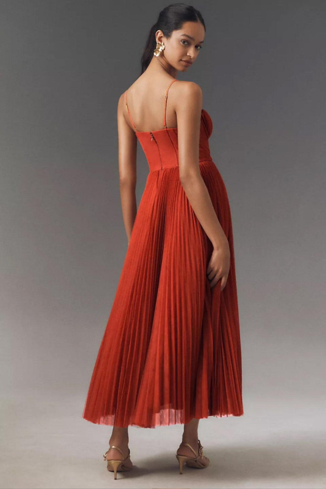 Damen Plissee Midi-Kleid mit Korsett-Oberteil und Träger