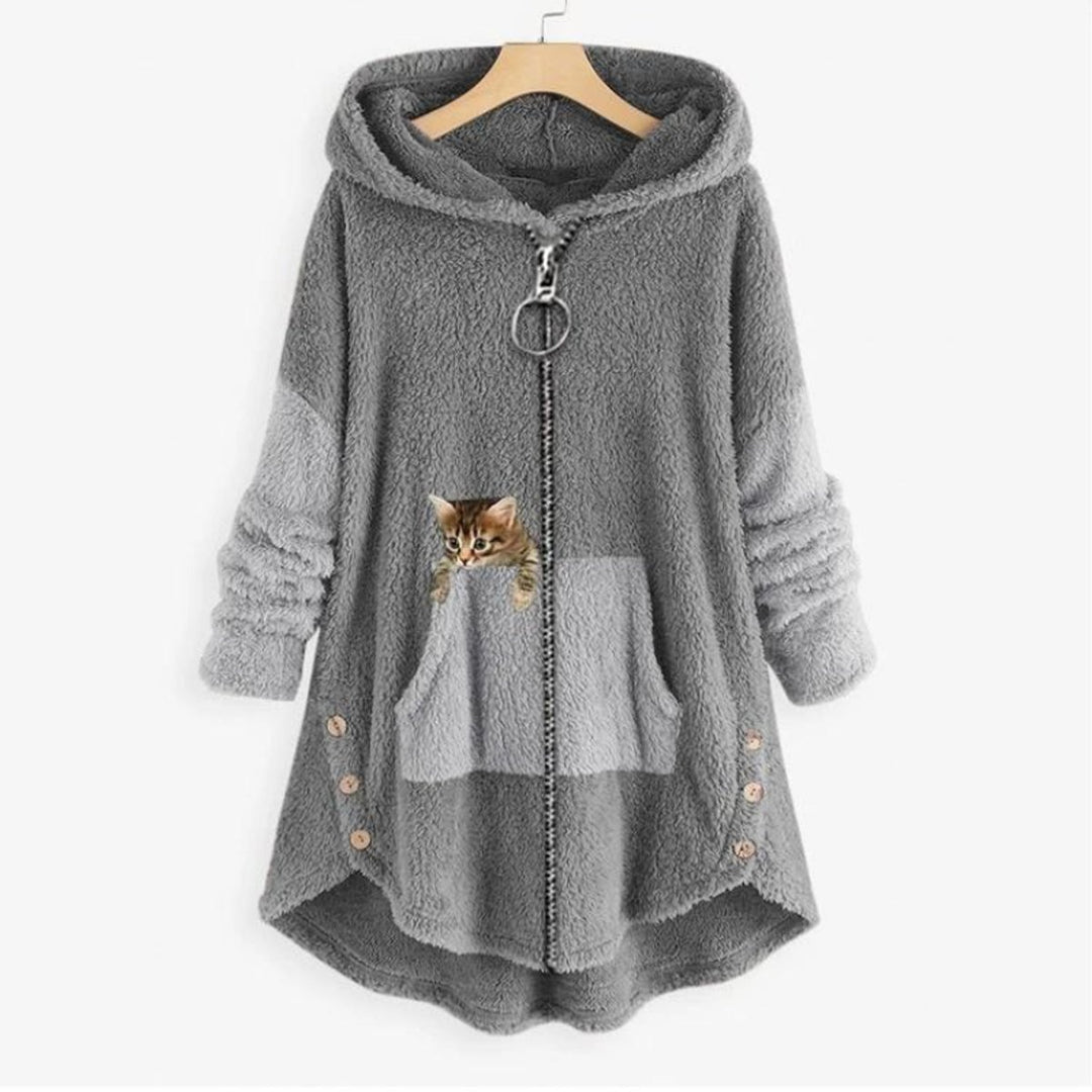 Damen Plüsch Hoodie Pullover weicher Fleece-Reißverschluss-Sweatshirt mit Katzenmotiv - Grau