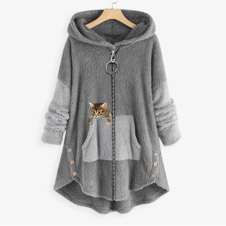 Damen Plüsch Hoodie Pullover weicher Fleece-Reißverschluss-Sweatshirt mit Katzenmotiv - Grau