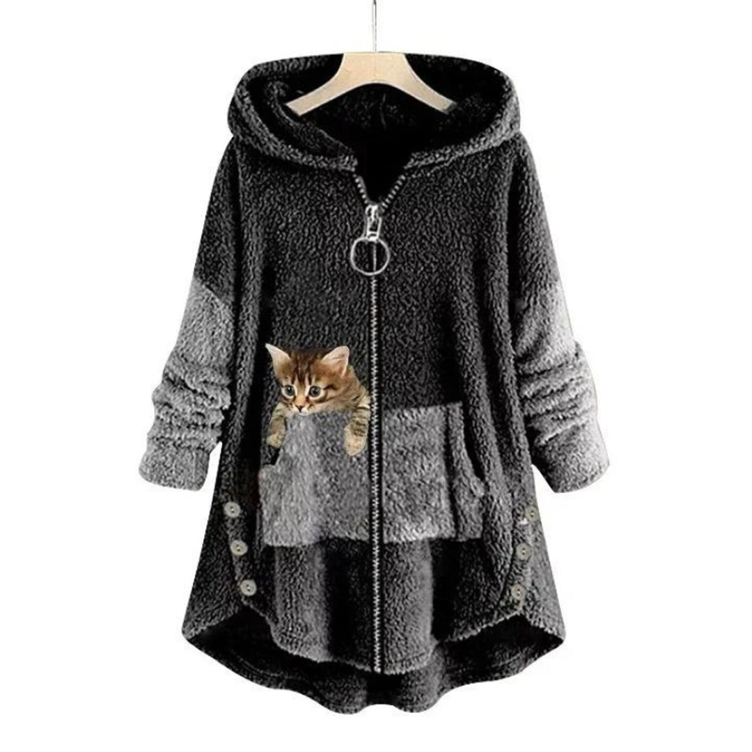 Damen Plüsch Hoodie Pullover weicher Fleece-Reißverschluss-Sweatshirt mit Katzenmotiv - Dunkelgrau