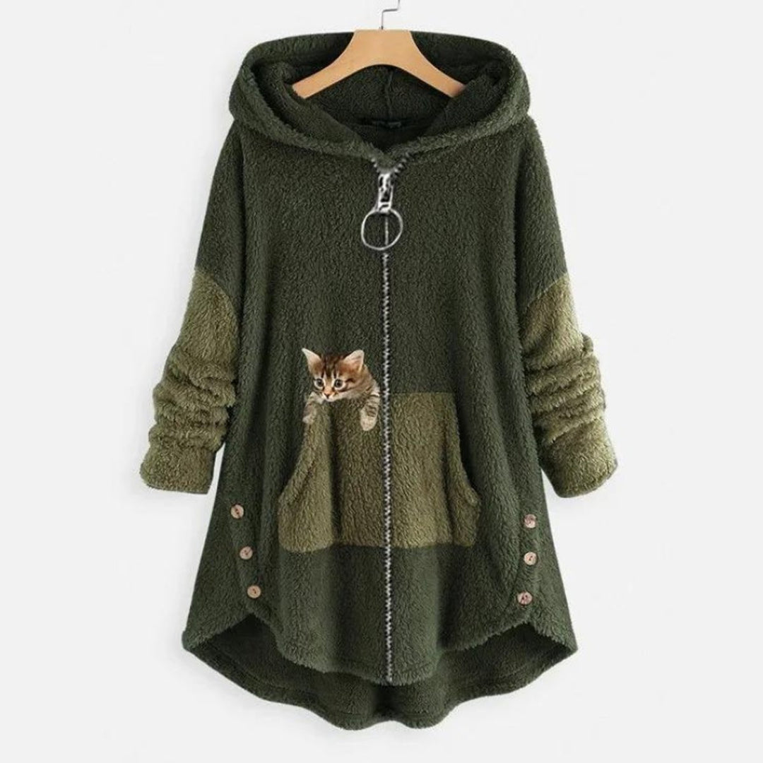 Damen Plüsch Hoodie Pullover weicher Fleece-Reißverschluss-Sweatshirt mit Katzenmotiv - Grün