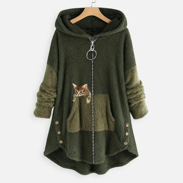 Damen Plüsch Hoodie Pullover weicher Fleece-Reißverschluss-Sweatshirt mit Katzenmotiv - Grün