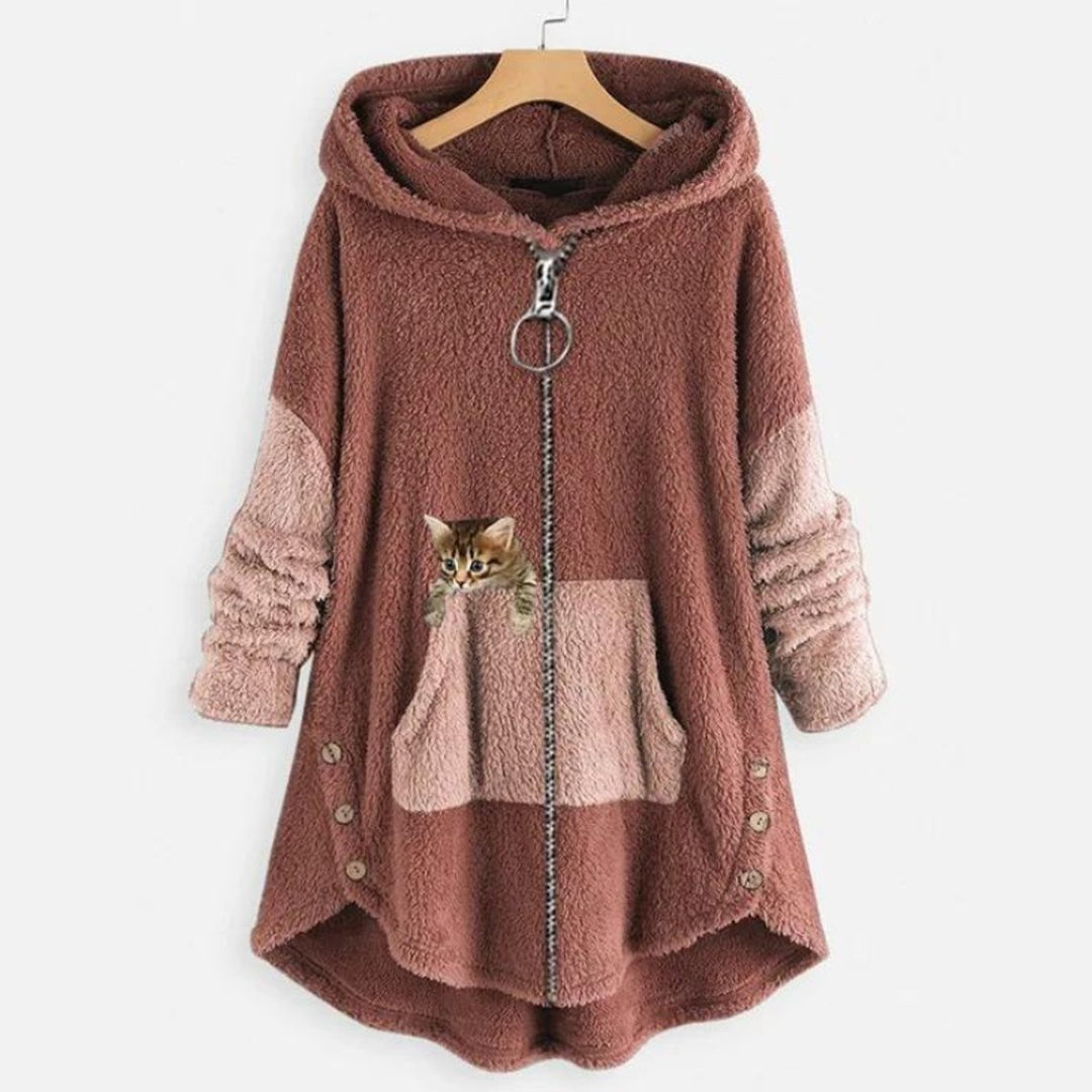 Damen Plüsch Hoodie Pullover weicher Fleece-Reißverschluss-Sweatshirt mit Katzenmotiv - Rosa