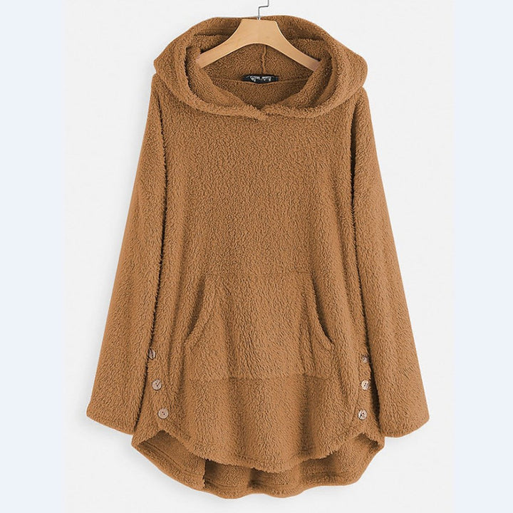 Damen Plüsch Hoodie Pullover weicher Fleece-Reißverschluss-Sweatshirt mit Katzenmotiv - Beige